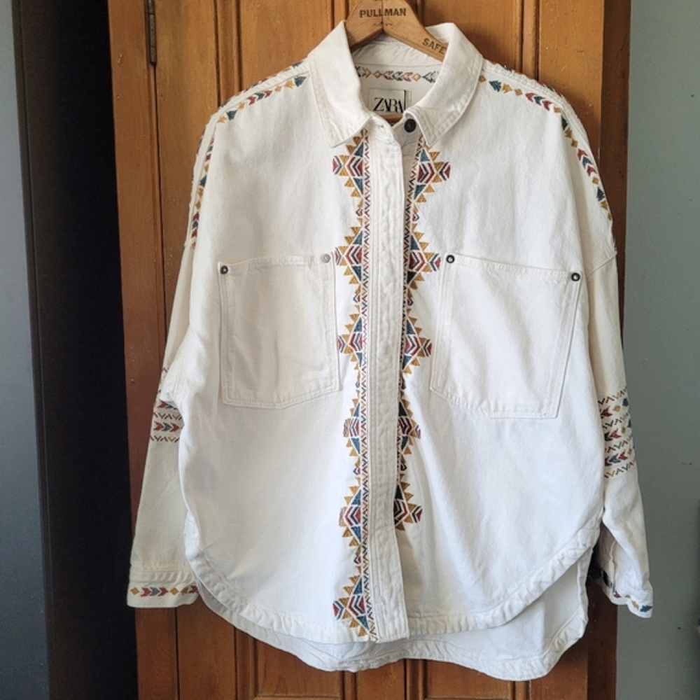 NWT Zara Southwestern Embroidered Denim Overshirt Jacket White Size Large Boho - Picture 5 of 16